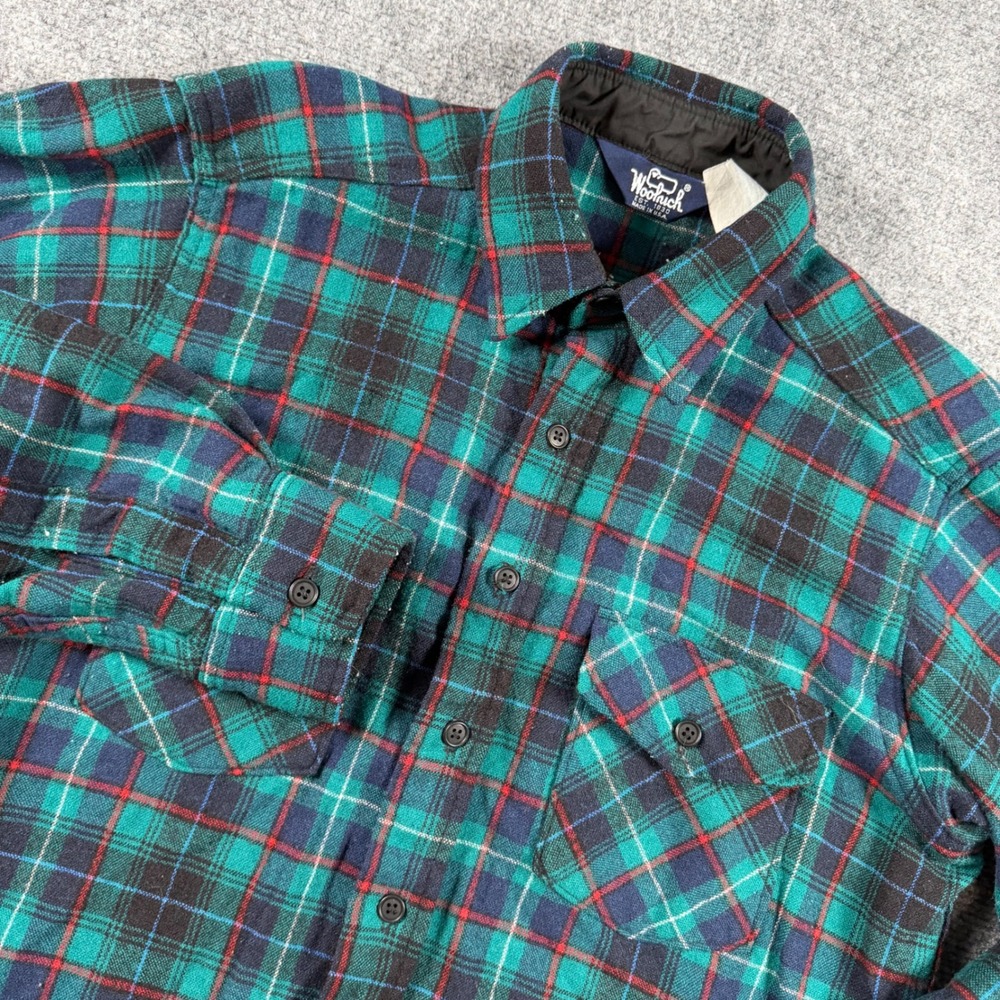 VTG Woolrich Flannel Shirt Mens Large Green Plaid Made in USA Wool Blend